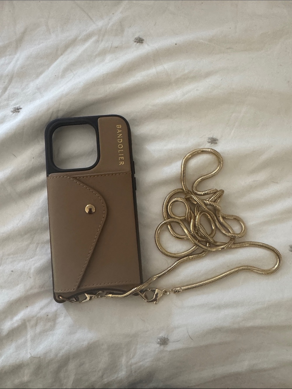 Bandolier iPhone 15 Pro Tan Leather Crossbody Phone Case w/ Gold Chain Strap